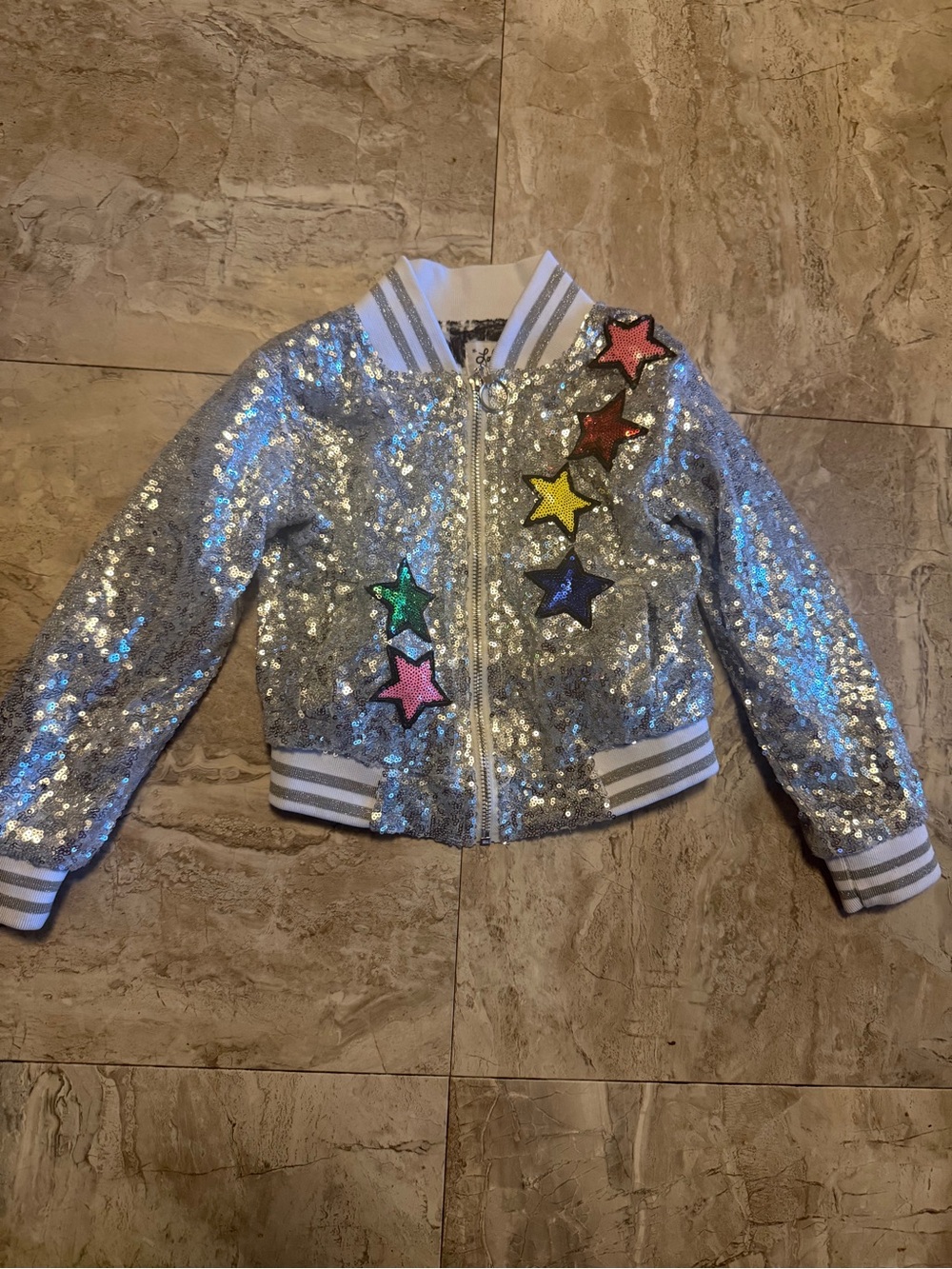 Lola + The Boys Silver Sequin Jacket with Yellow Star Patch